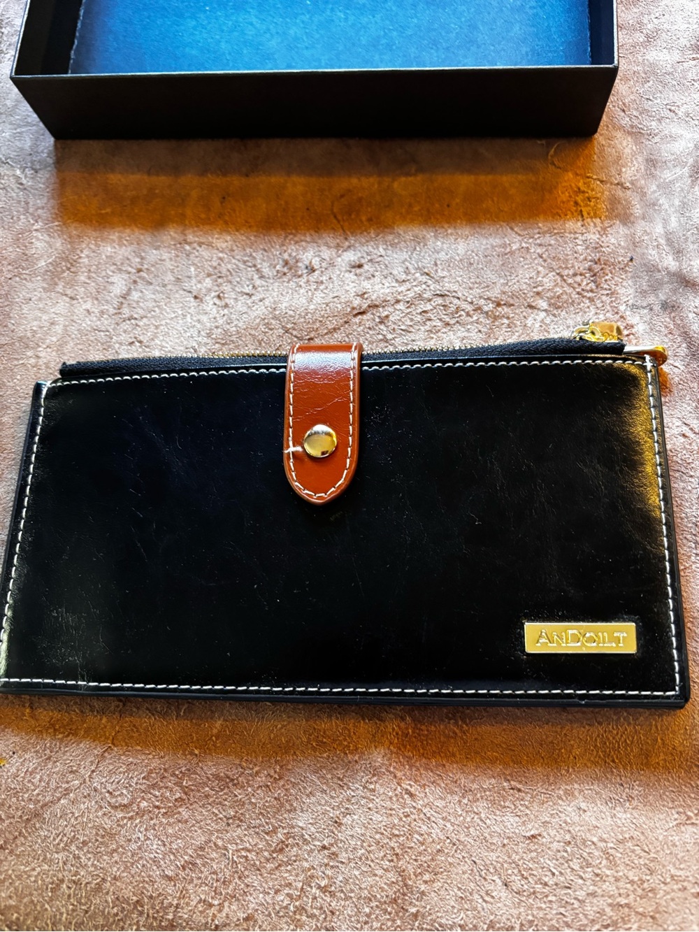 Black Leather Zip Wallet with Brown Snap Strap